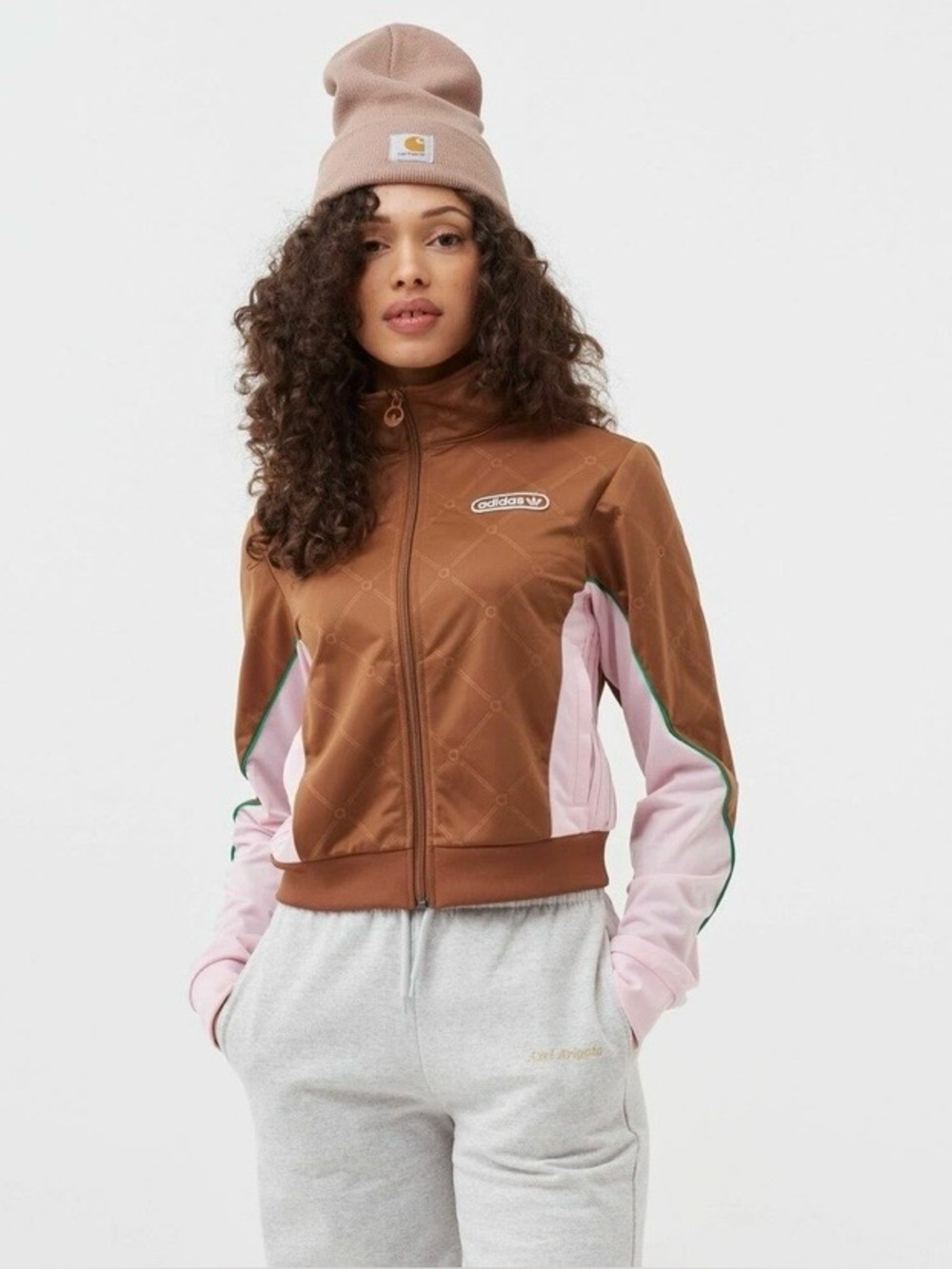 Adidas Originals "Retro Luxury" monogram track jacket in brown and pink.
